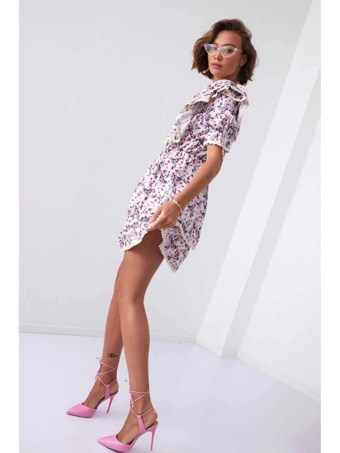 Rochie florala cu volane, gri si prune 5780 - Magazin online - Boutique